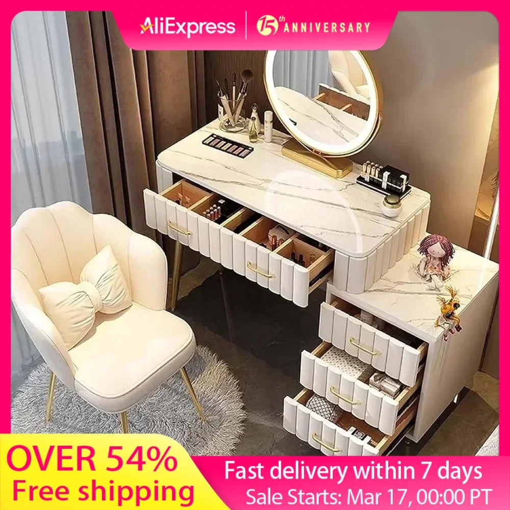 Vanity Set - with 5 Drawers & 3-Color LED Adjustable 360°Rotating Mirror,Luxury Dressing Table with Adjustable Cabinet and Chair