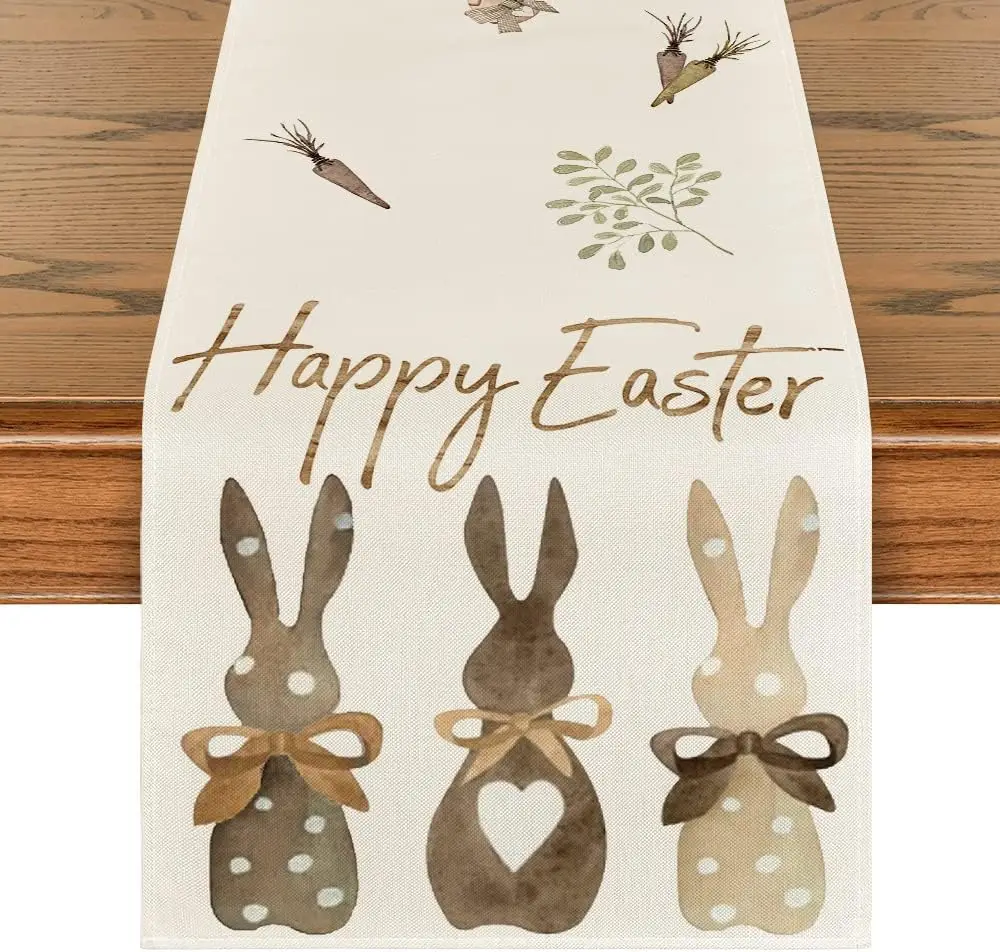 

Happy Easter Spring Carrots Rabbit Eggs Linen Table Runners Farmhouse Holiday Party for Indoor Outdoor Dining Room Decorations