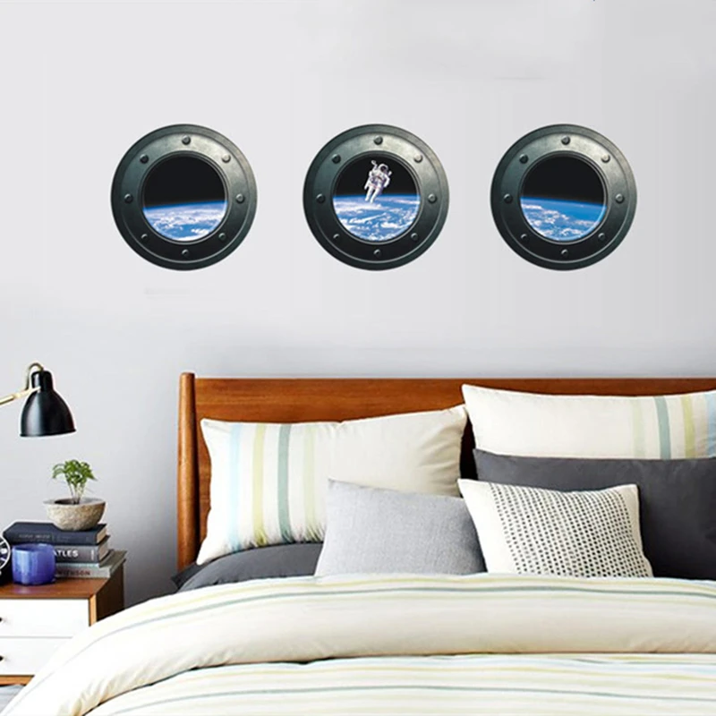 Imitation Spaceship Window Stickers Space Ship Astronaut Walls Art Triptych Porthole Mural for Home Decoration Aesthetic Rooms