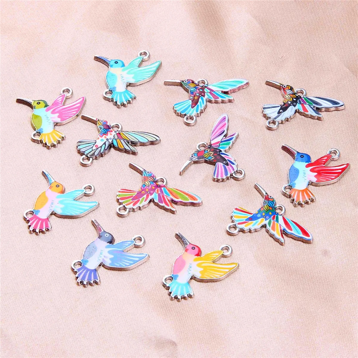 10pcs Painted Colorful Pigeon Little Hummingbird Double Hanging Connector Pendant DIY Oil Drop Making Bracelet Accessories