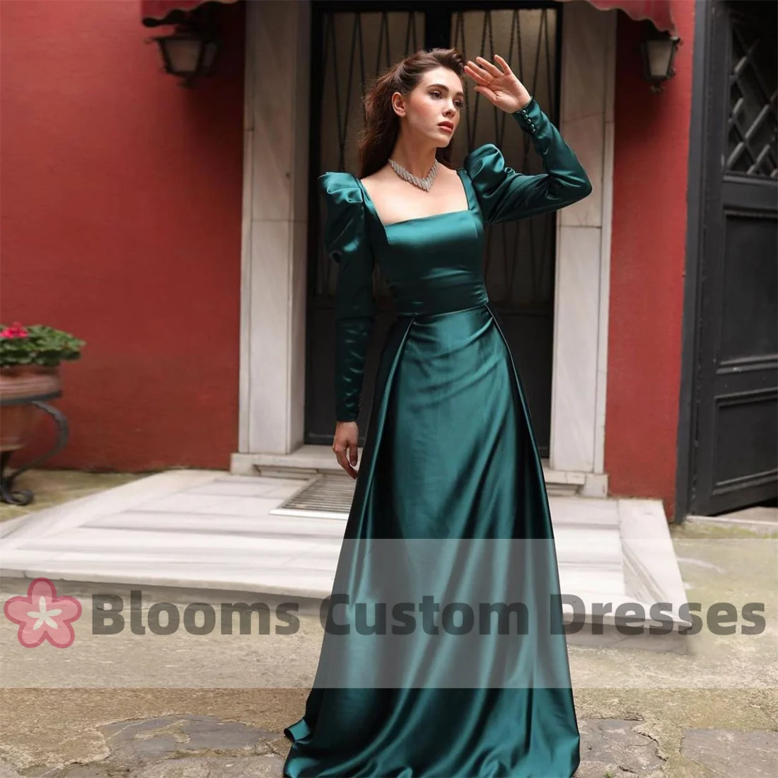 

Blooms Shiny Spandex Satin Elegant Women Evening Dresses Long Sleeves A-Line Custom Prom Dress Square Neck Formal Occasion Gown