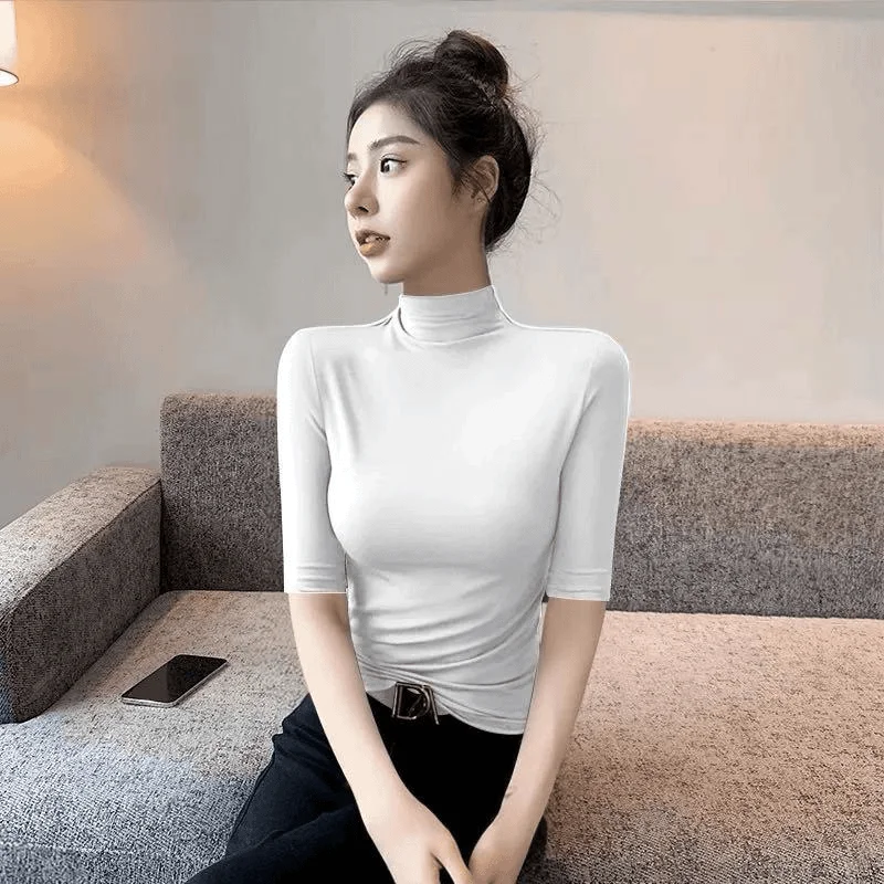 Camiseta Faion Slim Fit f de cuello alto Five Sve para mujer, Base de Color puro irt, Top de otoño e invierno, camiseta de calidad para mujer