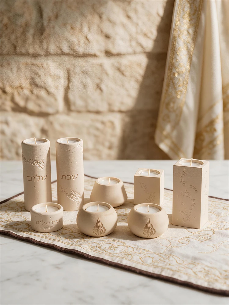 Jewish Blessing Candle Holder Silicone Mold Hebrew Shabbat Shalom Candlesticks Tea Lights Concrete Gypsum Resin Silicone Mould