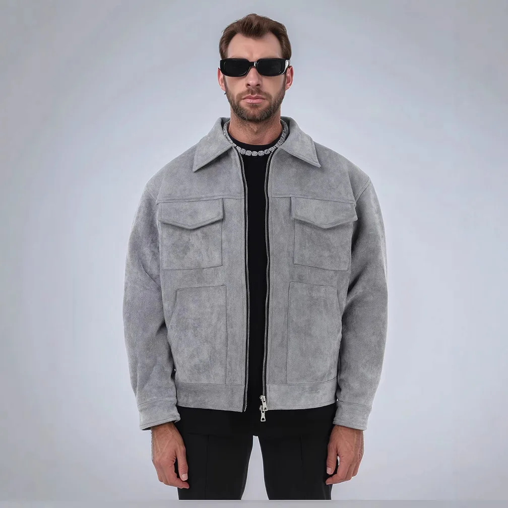 

2025 Men's New Jacket Solid Color Suede Fabric Zipper Big Pocket Turn-down Collar Casual Windbreak Basic Coat Trendy Streetwear