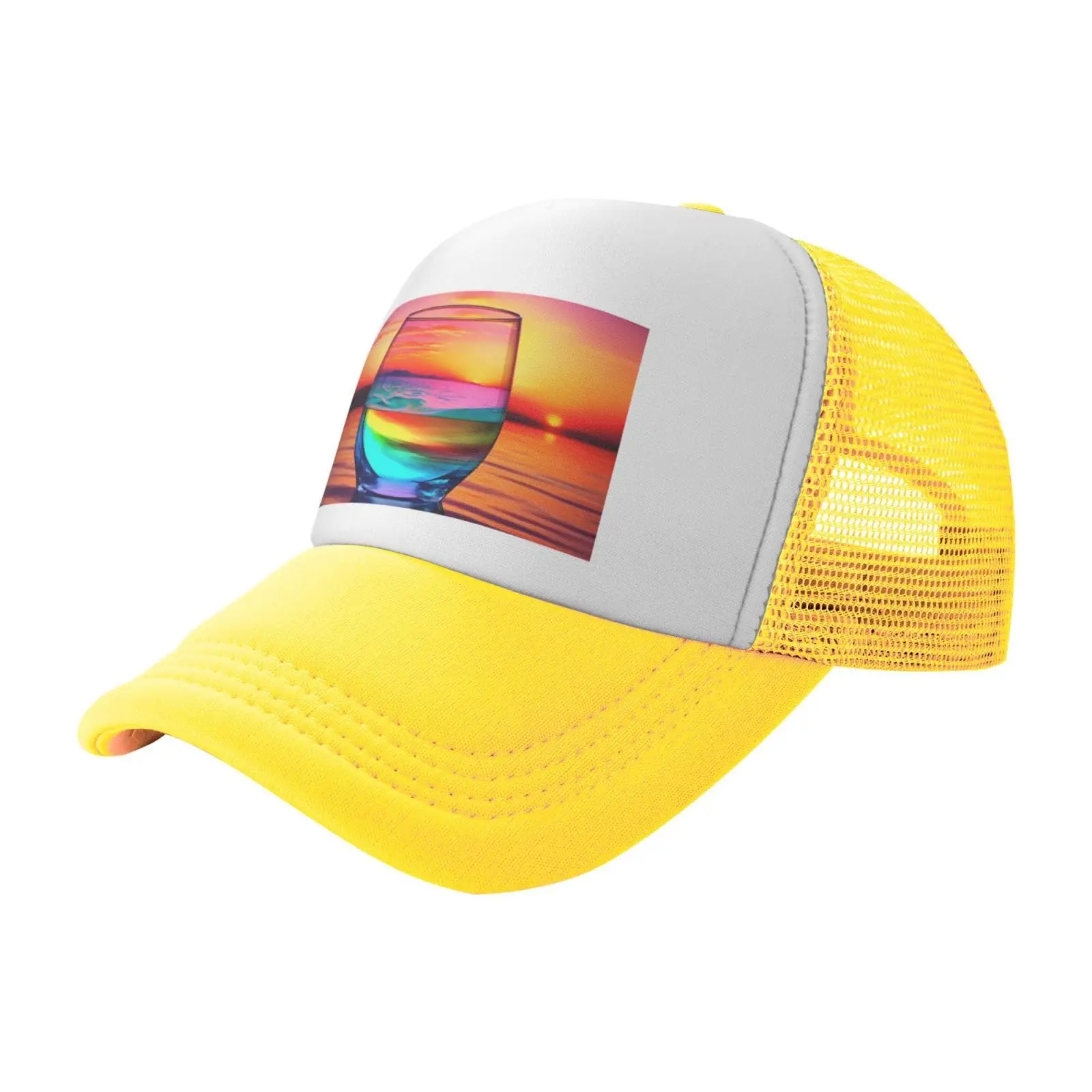 Trucker Hats Colorful Glass Drink Sunset Printing Mesh Baseball Cap Comfortable Summer Trucker Hat Adjustable Hat For Men Women