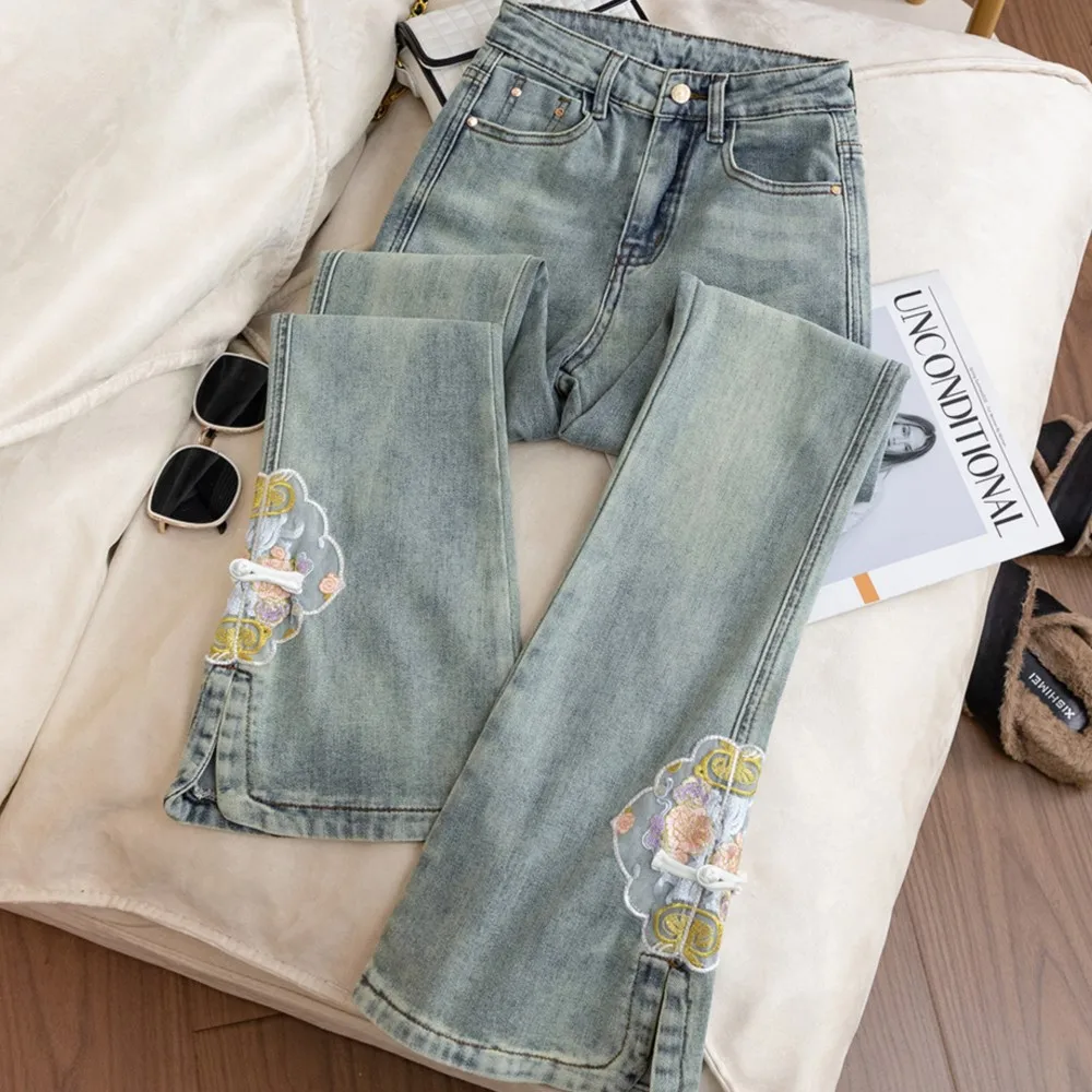 

Spring flared pants legs long pants high waist split embroidered jeans women