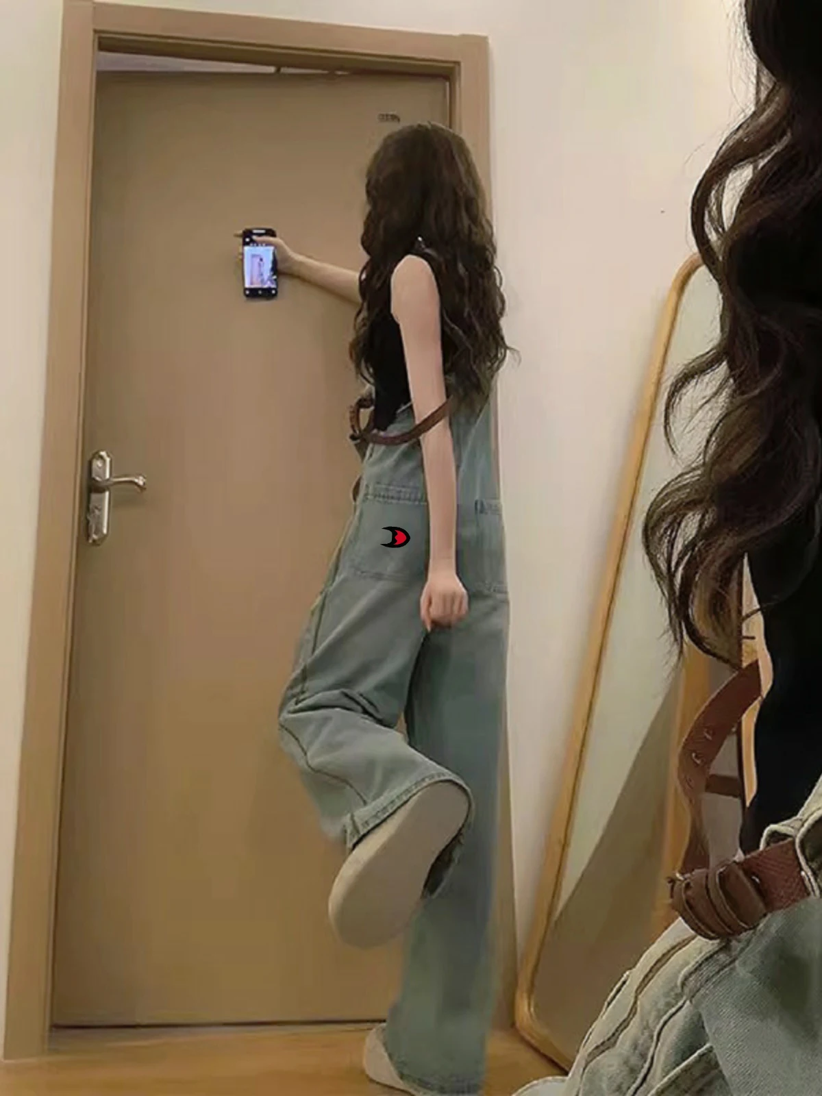 Adorable American Sle Denim Overalls Women's Spring Autumn Loose Wide Leg Workwear High Waist Casual Zipper High Waist