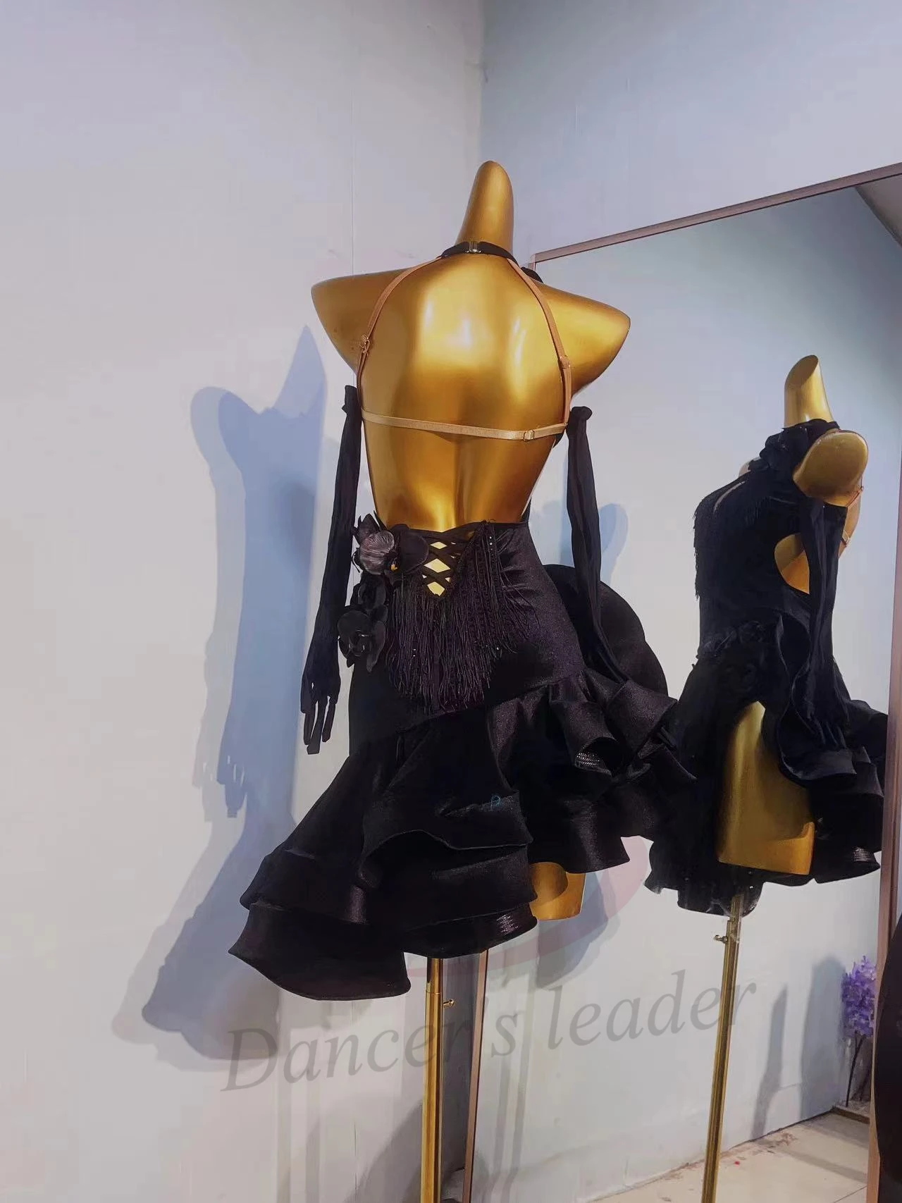 Latin Dance Competition Color Version High-end Custom Black Flower Big Wave Skirt Samba Performance Clothing Black Pool Dress