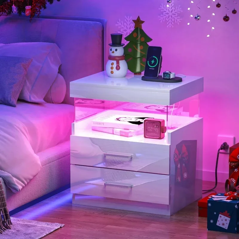 White Night Stand com estação de carregamento e luzes LED, inteligente Nightstand com gavetas, prateleira aberta, madeira