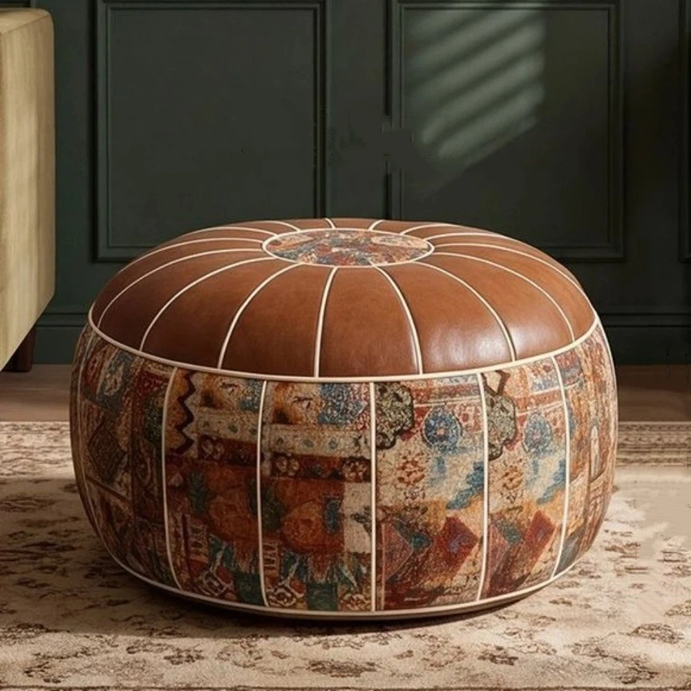 Space Saving PU Leather Footstool Cover Waterproof Large Capacity Pouf Cover Bohemian Style Round Sofa Stool Cover Floor Seat view 2