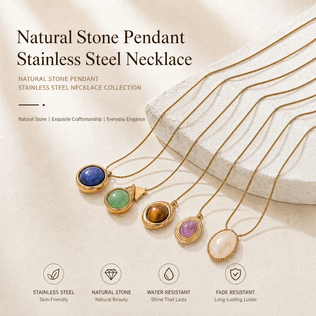 Natural Tiger Eye Amethyst Lapis Lazuli Pendant Necklace Gold Tone Stainless Steel Jewelry Fashion Gift for Women Men Handmade
