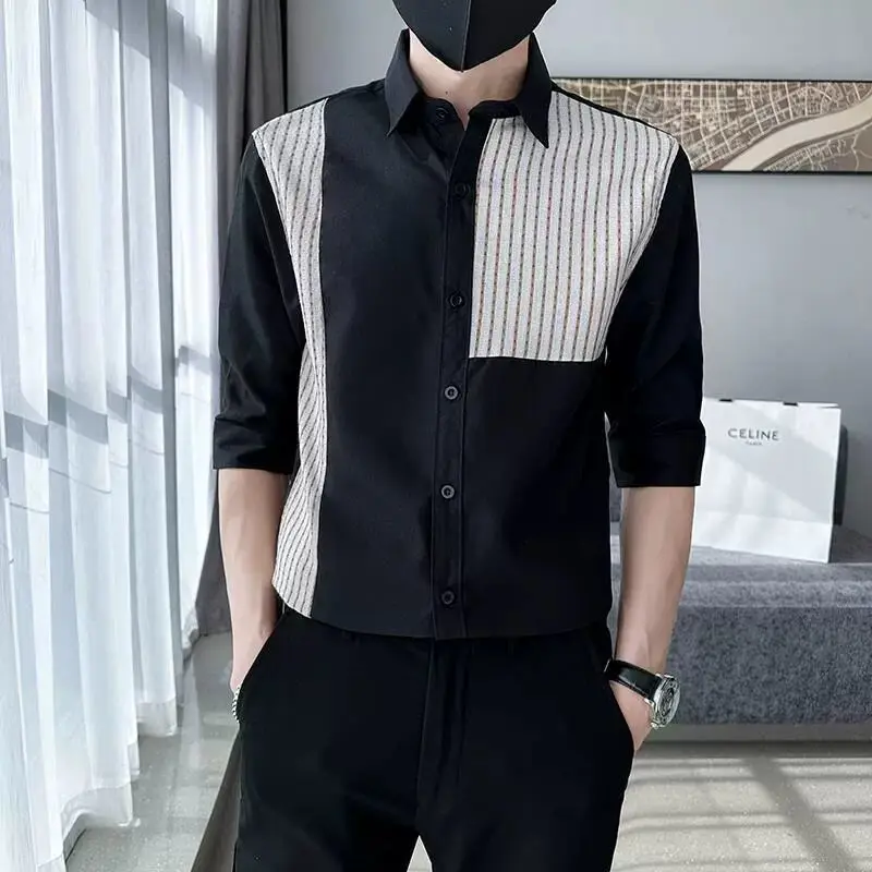 

Korean Youth Handsome Trendy Fashion Design Shirt Men's Panelled Square Neck Button Patchwork Spring New Thin 3/4 Sleeve Top