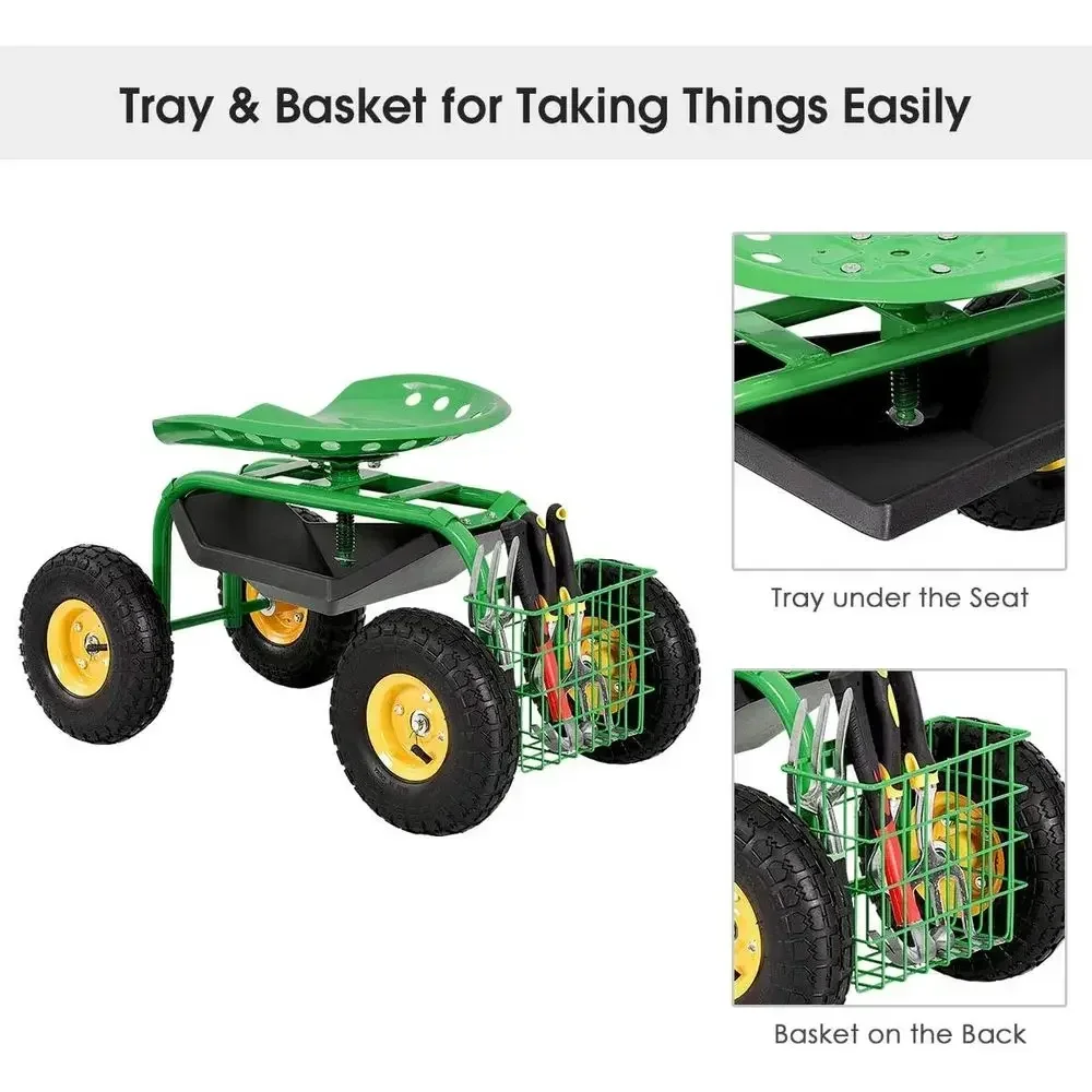 Adjustable Height Garden Cart with Seat, Heavy Duty Rolling Stool for Outdoor Planting and Yard Work