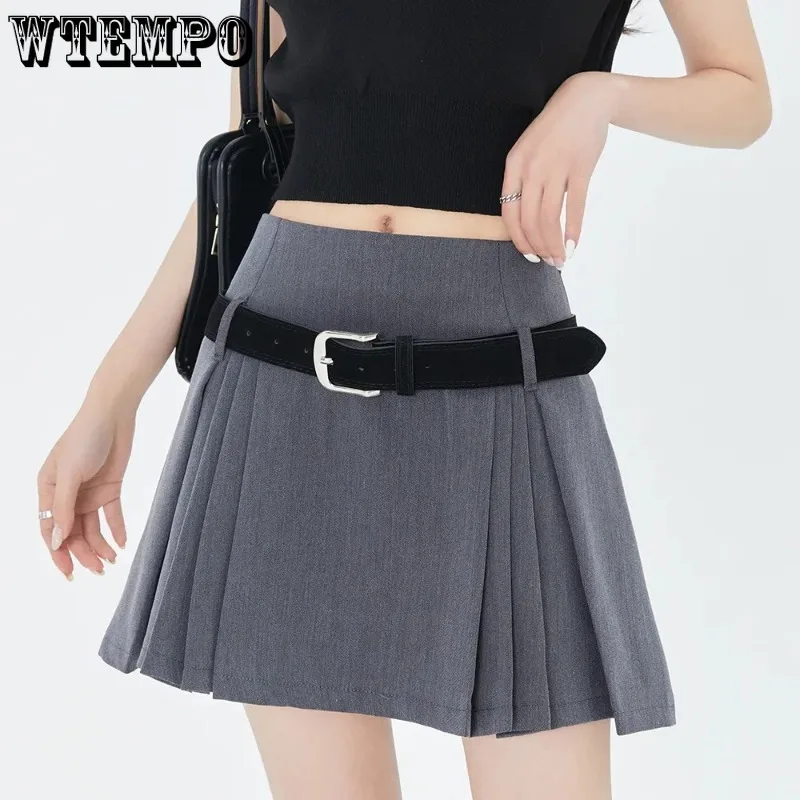 Academy Style Pleated Skirt Women\'s High Waist A-line Skirt Gift Belt Built in Shorts Pure Desire American Hottie Spring Summer