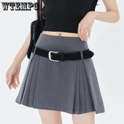 Academy Style Pleated Skirt Women's High Waist A-line Skirt Gift Belt Built in Shorts Pure Desire American Hottie Spring Summer