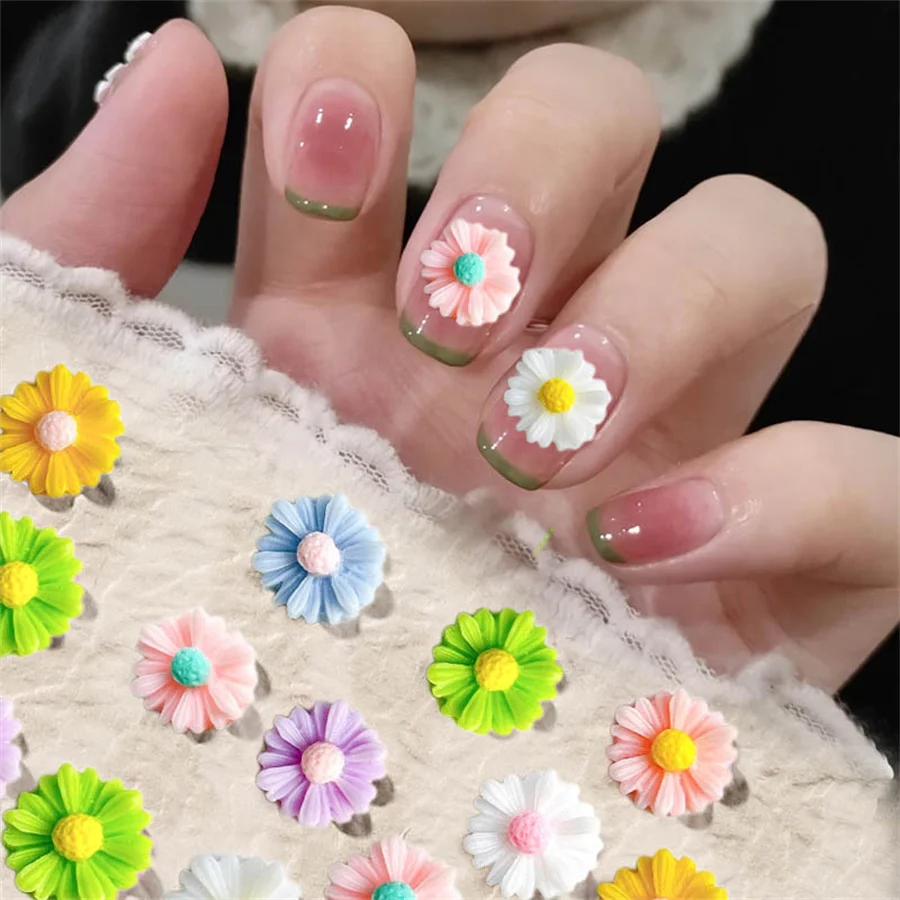 10pcs Summer Flower Design Resin Nail Art Charms Kawaii Colorful Exquisite Daisy Flower Nail Decoration DIY Manicure Accessories