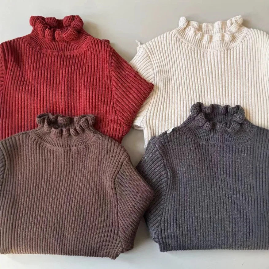 2025 Winter New Korean Children Half High Neck Lotus Leaf Sweater Base Sweater for Girls Versatile Basic Sweater