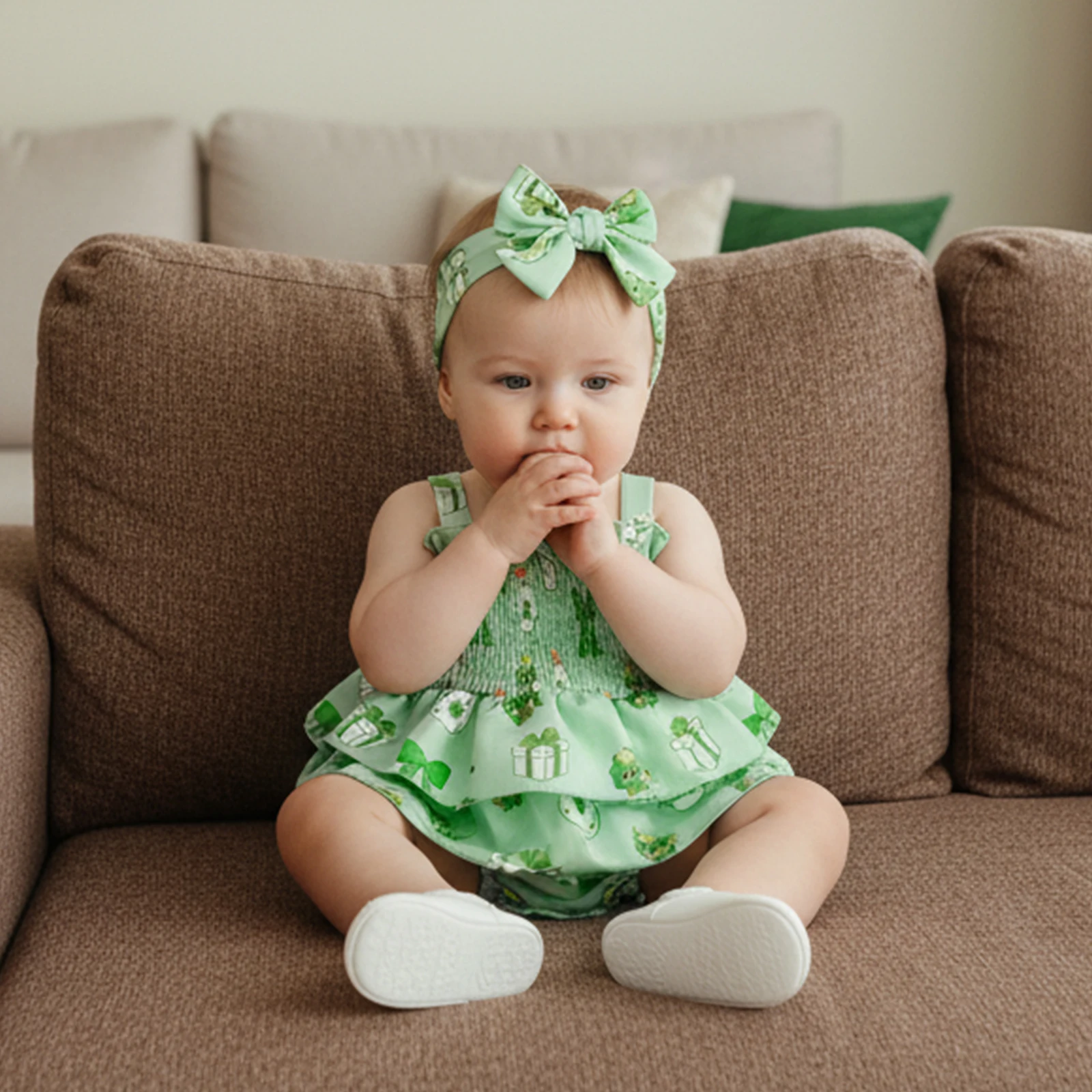 Baby Girl Spring Romper Shamrock Bow Print Layered Ruffled Smocked Sleeveless Infant Jumpsuit