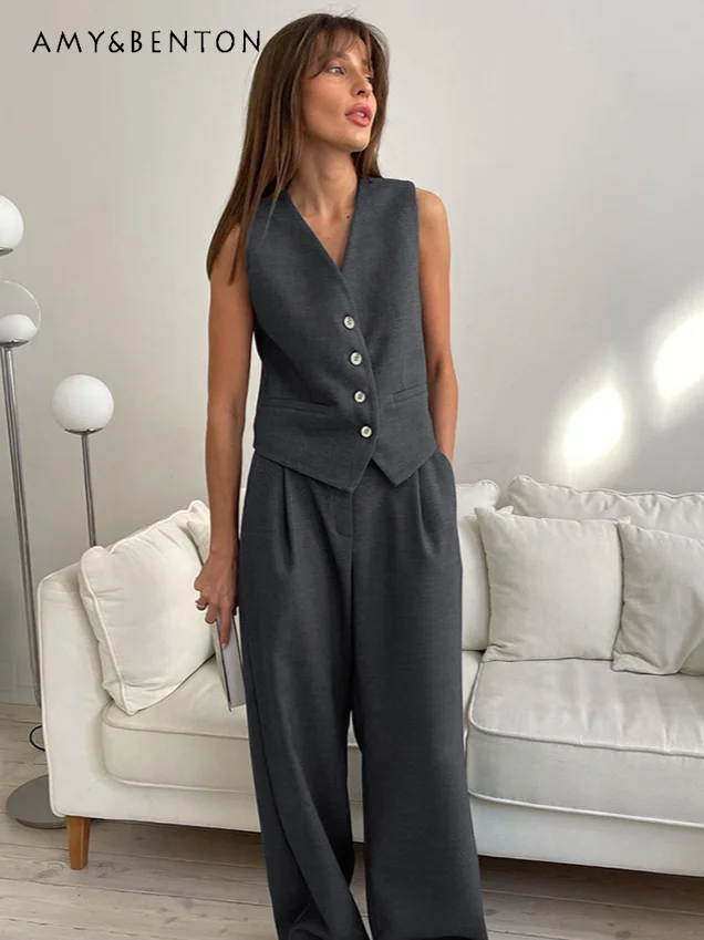 

Summer Minimalist Sleeveless Vest High Waist Slim Wide Leg Pants Two-Piece Set Commute Style Temperament Casual Business Suit