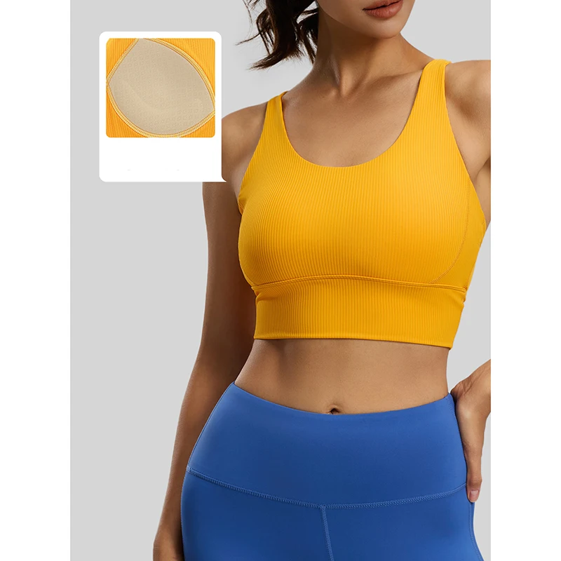

2026 New Women Ribbed High Impact Yoga Bras Naked Feeling with Fixed Built-in Pads Sports Bra Sexy Cross Back Yoga Workout Top