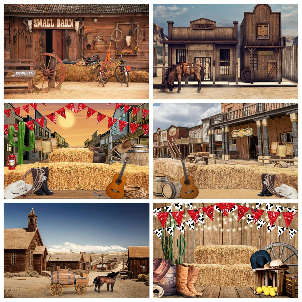 Old Wooden Saloon Western Cowboy Warehouse Horse Barn Door Baby Birthday Party Photography Background Haystack Photo Backdrop