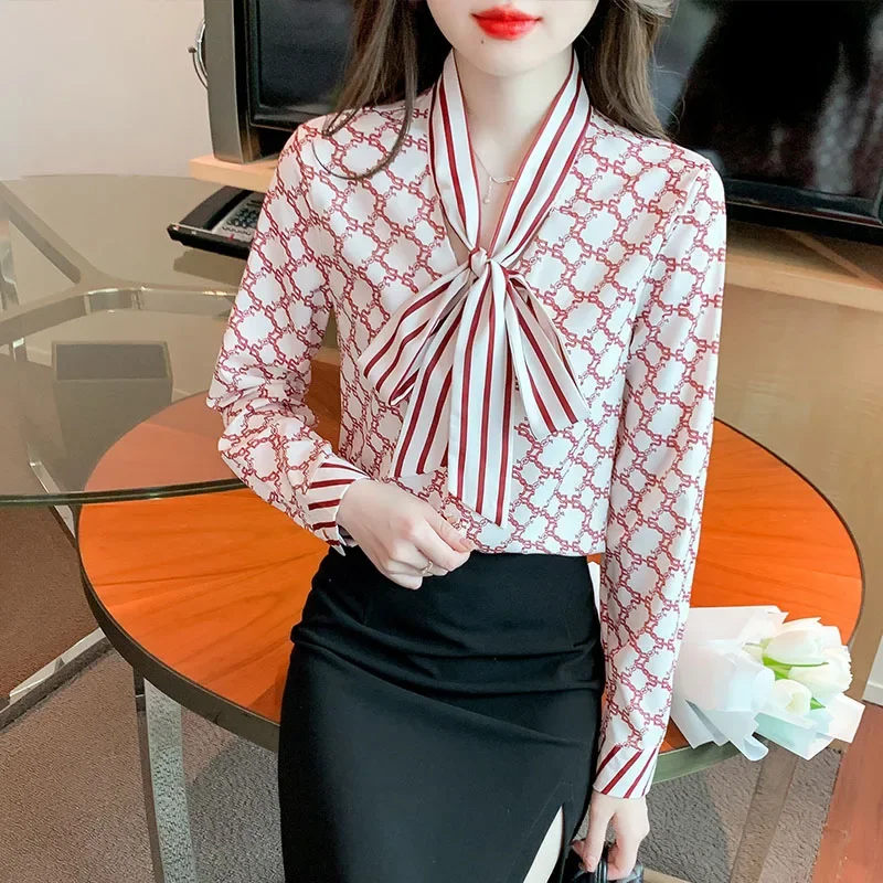 Women Clothing Fashion Elegant Chain Printed Blouse Spring Autumn Long Sleeve Bow Loose V-neck Chiffon Shirts Office Lady Top