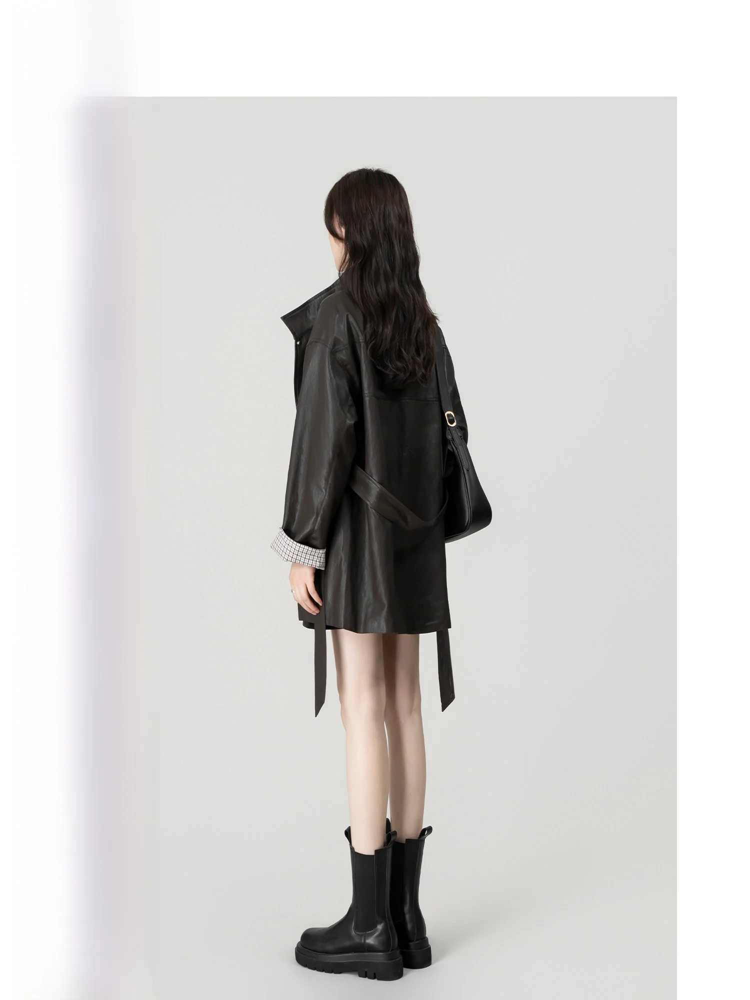 

Wavy Egg Shape Retro Mid-Length Leather Jacket Women's Outerwear Slimming Stylish Long Sleeve Spring Fashion Ladies Coat