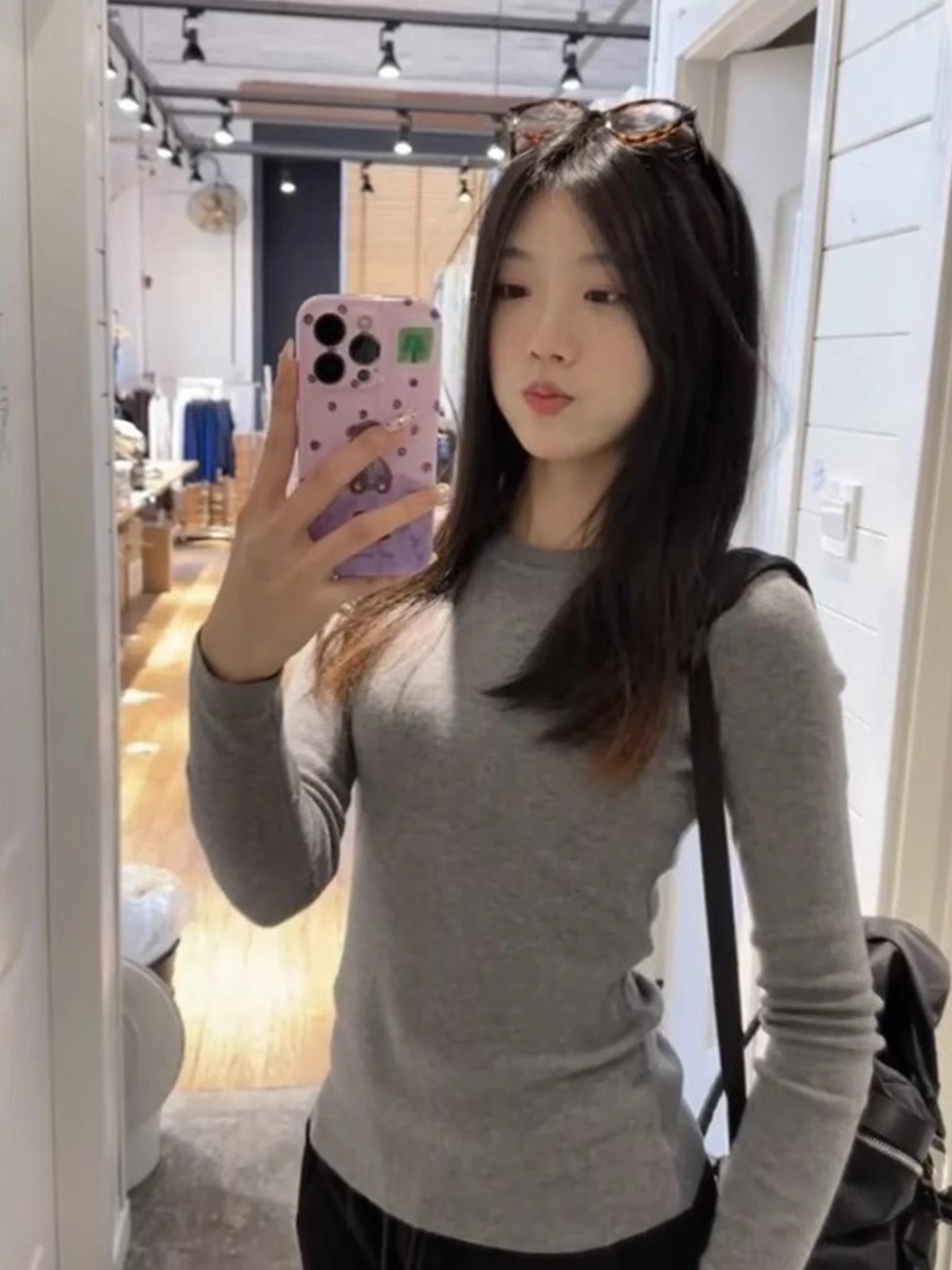 Coreano sle longo sve básico redondo ne camiseta feminina início do outono novo high-end versátil fino ajuste interior usar base irt topo