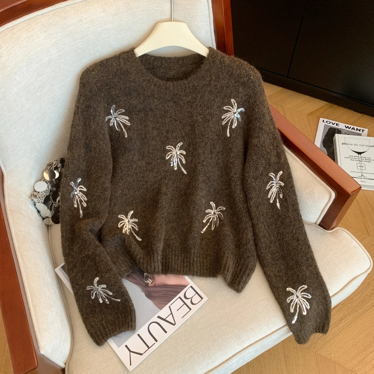 

Женский коричневый вязаный пуловер с круглым вырезом и блестками, свитер, винтажный джемпер, вязаный кашемировый свитер с длинными рукавами, осень-зима, одежда 2000-х годов