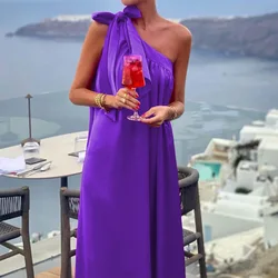 Women Fashion Satin Sleeveless Slant Neck Medium Length Fake Dress Summer Elegant Women's Purple Lace Party Maxi Dress Vestidos