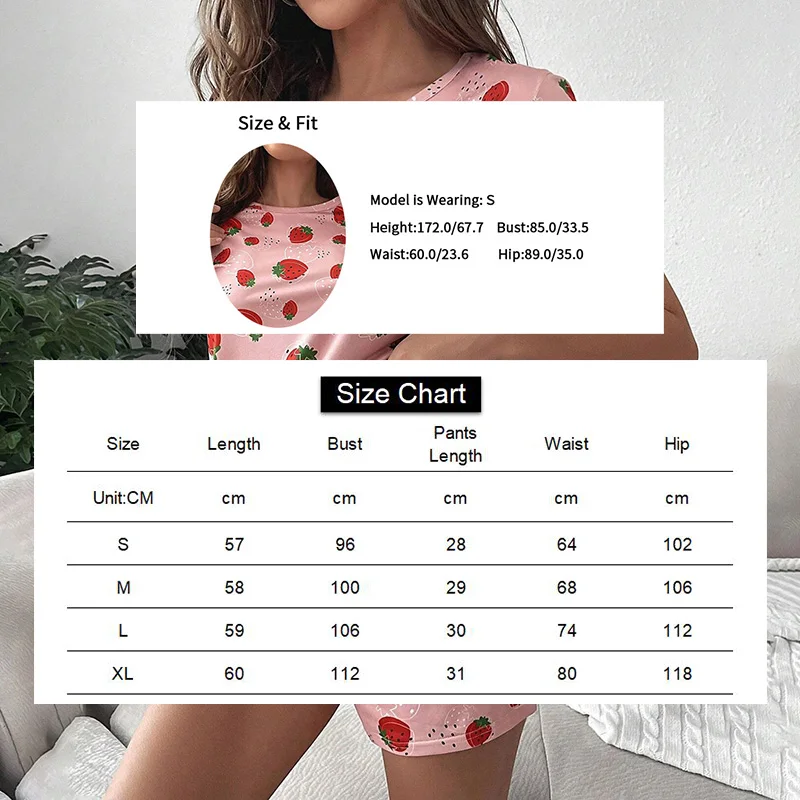 Pajamas Set for Women Breathable Strawberry Print Sleepwear Comfy Short Sleeve Top and Shorts Pyjama Home Loungewear for Ladies