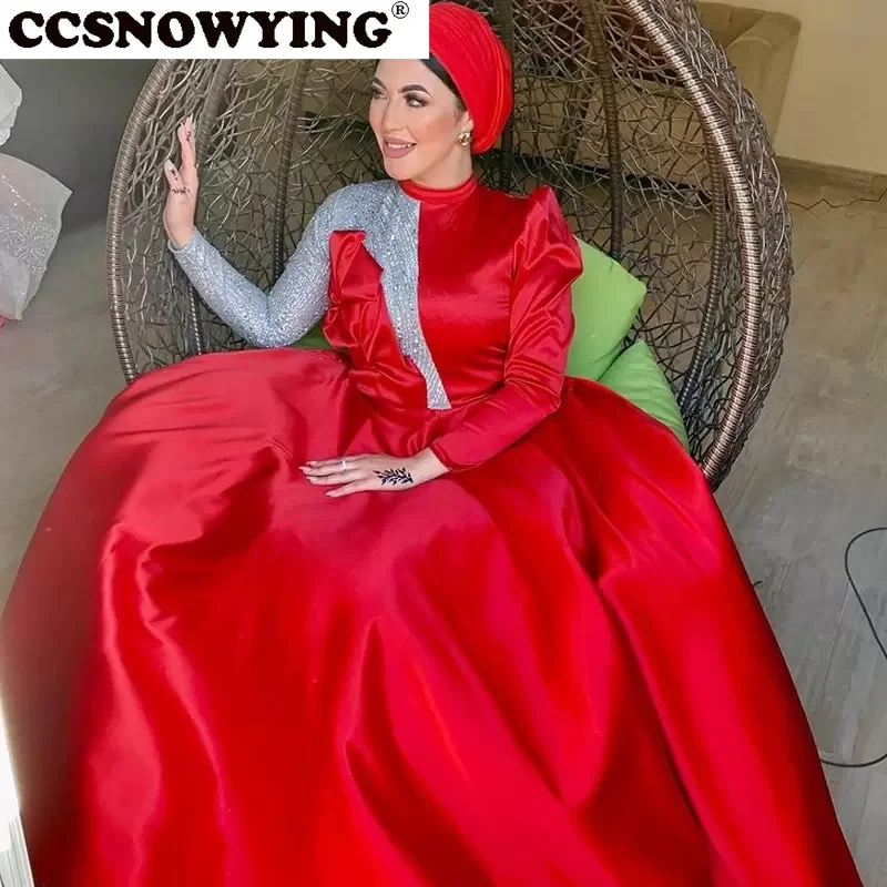 Red Satin Sequins Long Sleeve Muslim Evening Dresses Hijab Islamic Formal Party Gown Women Arabic Kaftan Robes De Soirée