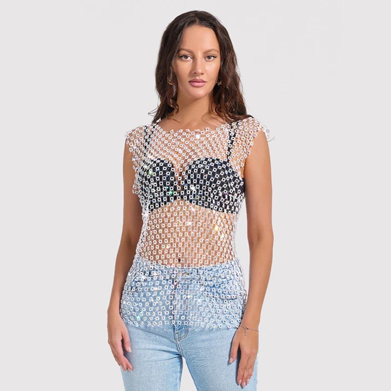 Damen-Top mit glitzerndem Strass-Mesh-Muster, durchsichtiges Pailletten-Oberteil, Nachtclub-Party-Festival-Outfits für heiße Mädchen, футболка женская Y2K – Detail 1