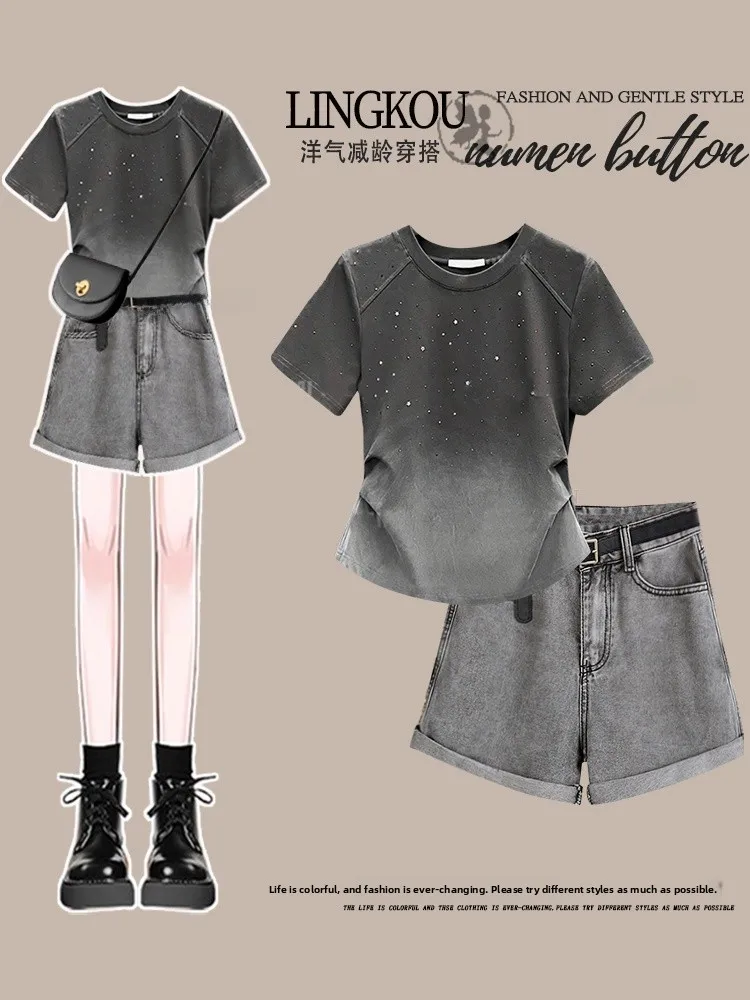 アンチエイジングサマーセットデザイン、アディエン・オルト・スヴェ・ティール（香港風スリムジーンズ付き）ツーピースセット（若い女性向け）