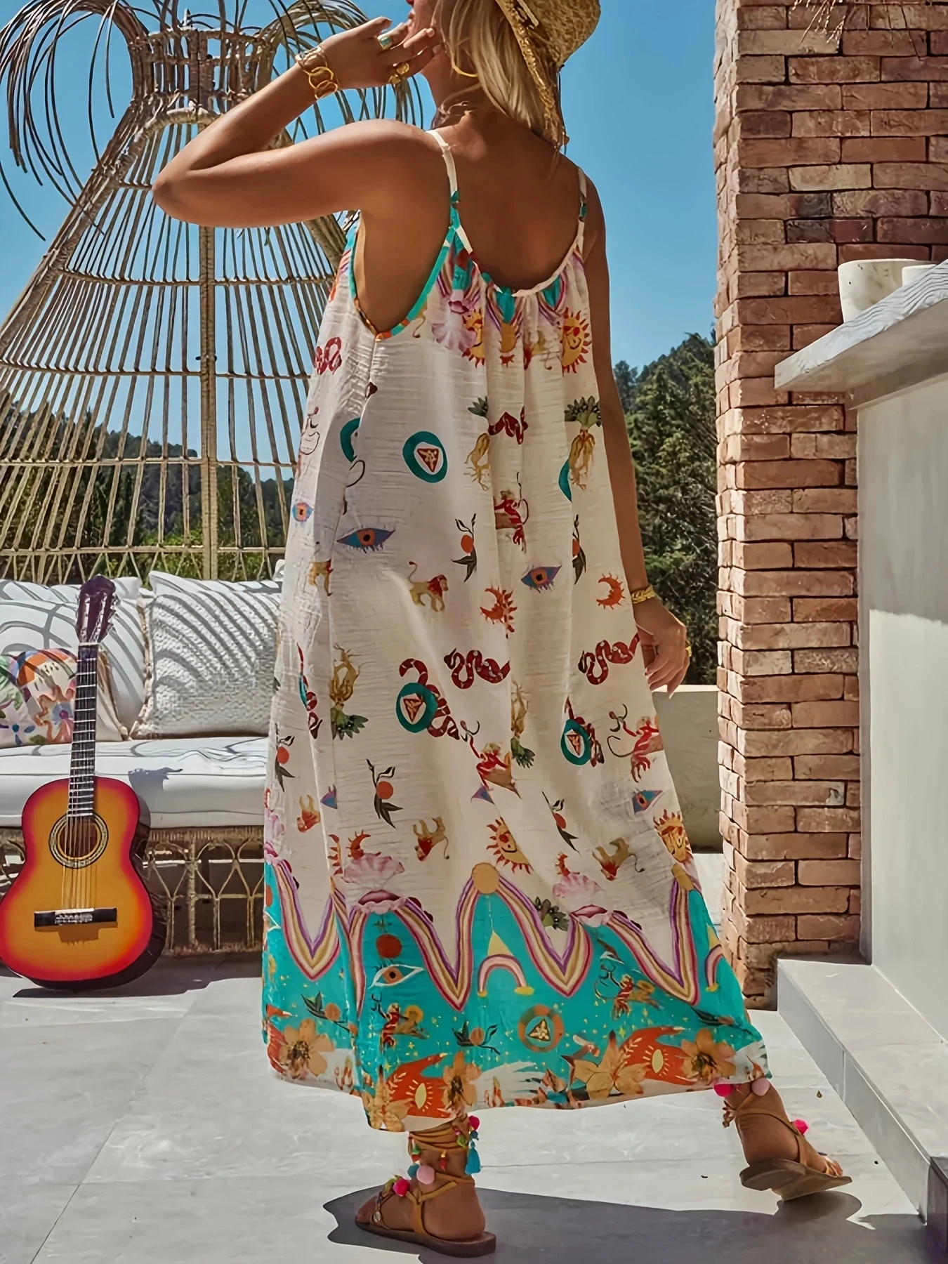Women's Spaghetti Strap Boho Print Maxi Dress, Casual and Trendy Summer Beach Dress