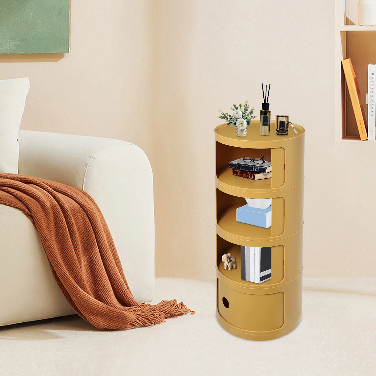

Yellow, Round Nightstand Cabinet, 4-Tier Side Table, Multifunctional End Table Storage Cabinet for Living Room Bedroom Kitchen