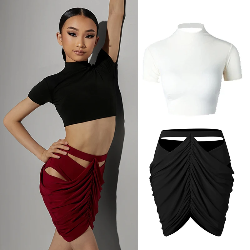 New Kids Latin Dance Clothes Girls Short Sleeves Tops Hollow Waist Skirt Practice Wear Cha Cha Show Costume Dance Dress DNV17757