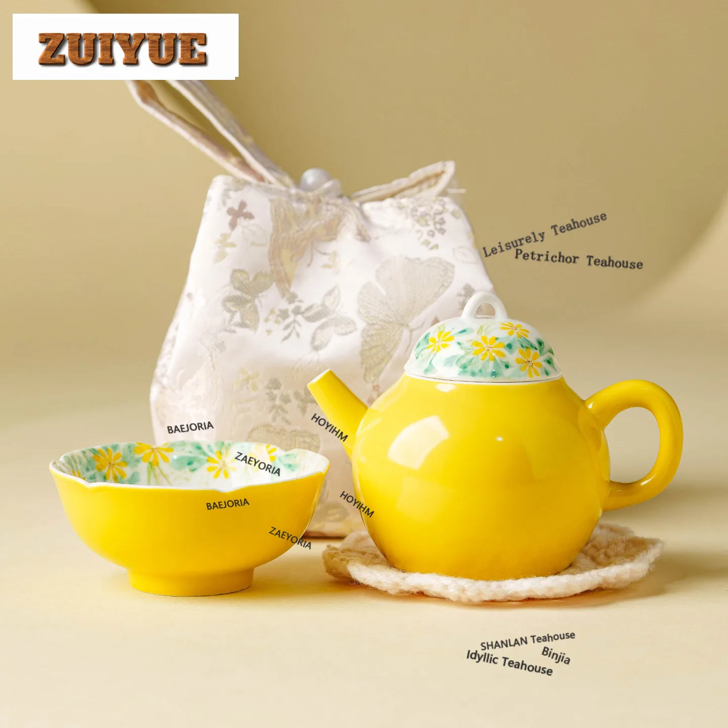 HOYIHM Egg Yolk Glaze Hand Painted Daisy Travel Tea Set Kit Retro 1 Pot 3 Cups Tea Brewing Organizer Portable Outdoor Tote Bag