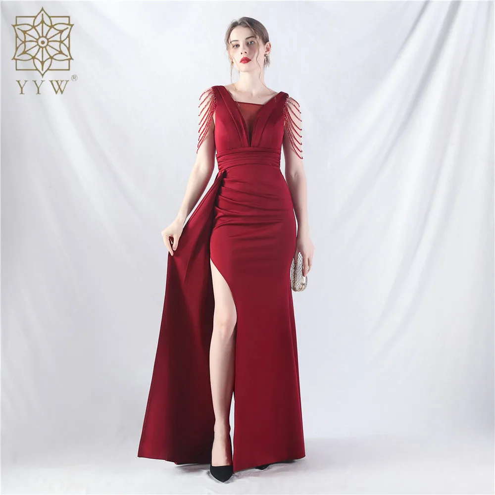 

Elegant V Neck Mermaid Long Evening Dresses Luxury Women Evening Party Dresses Formal Dress Floor-Length Side Slit Prom Dress