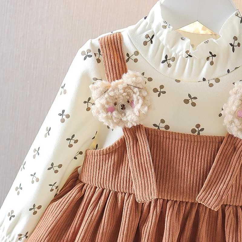 Kid Girl Long Sleeve Dress Floral Lovely Bear Corduroy Strap Style Dress Fashion Cute Photograph Outfit for Child Girl