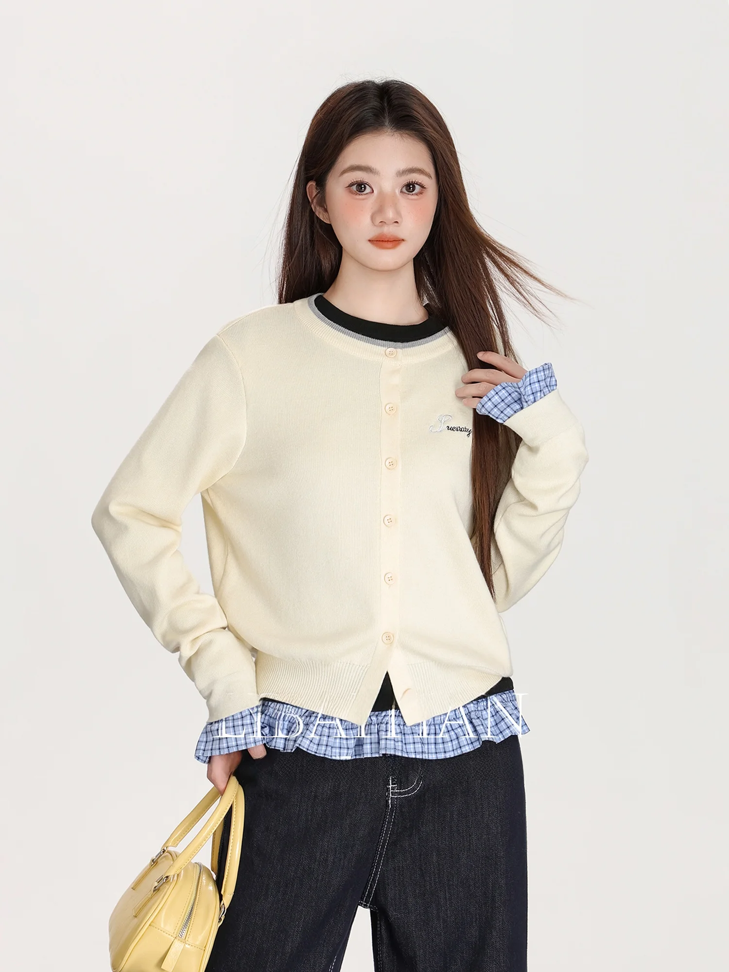 

Loose Knitted round Ne Open Cardigan Women's Faion Autumn New Embroidery Color Blo ort Sweater Jaet Light Weight