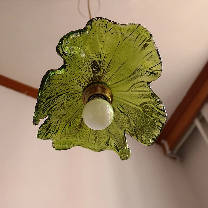 IWHD Creative Leaf LED Hanging Lamp For Living Room Kitchen Interior Lighting Vintage Copper Glass Pendant Lighting Hanglampen