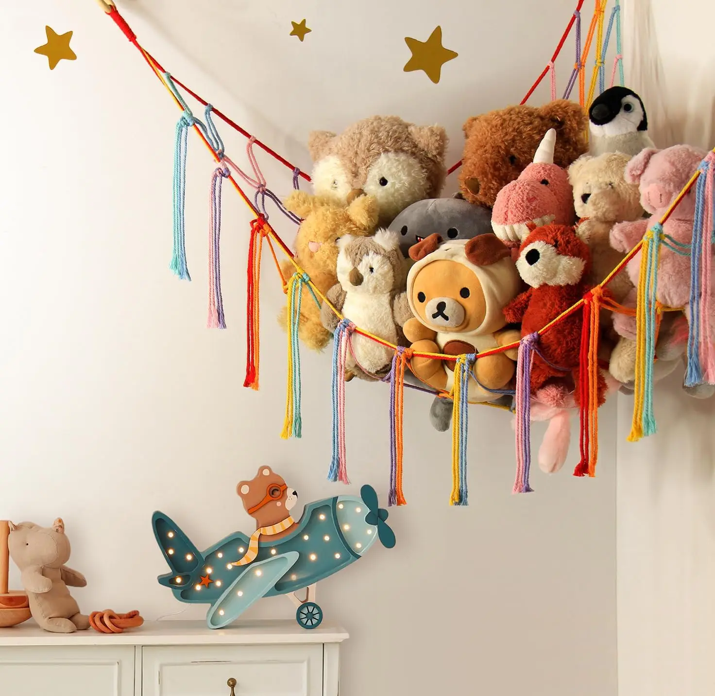 Boho Stuffed Animals Net Hammock Large Toy Macrame Wall Hanging Storage Corner Hanging Net Holder for Bedroom Nursery Decor GIft