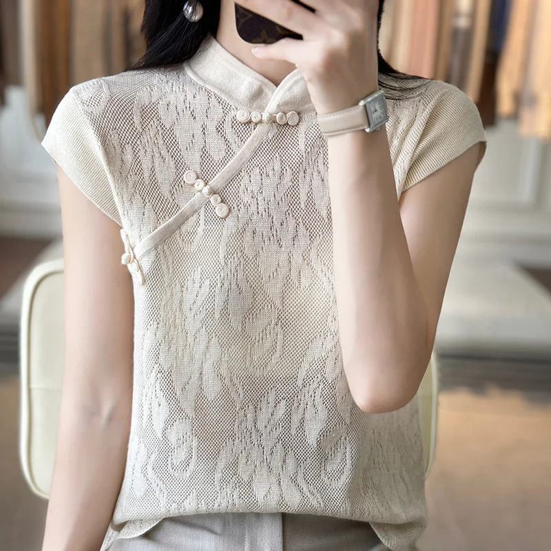 

Новая летняя женская футболка из тонкой шерсти, повседневные вязаные топы с полувысоким воротником, облегающая блузка с воротником-чонсам, джемпер