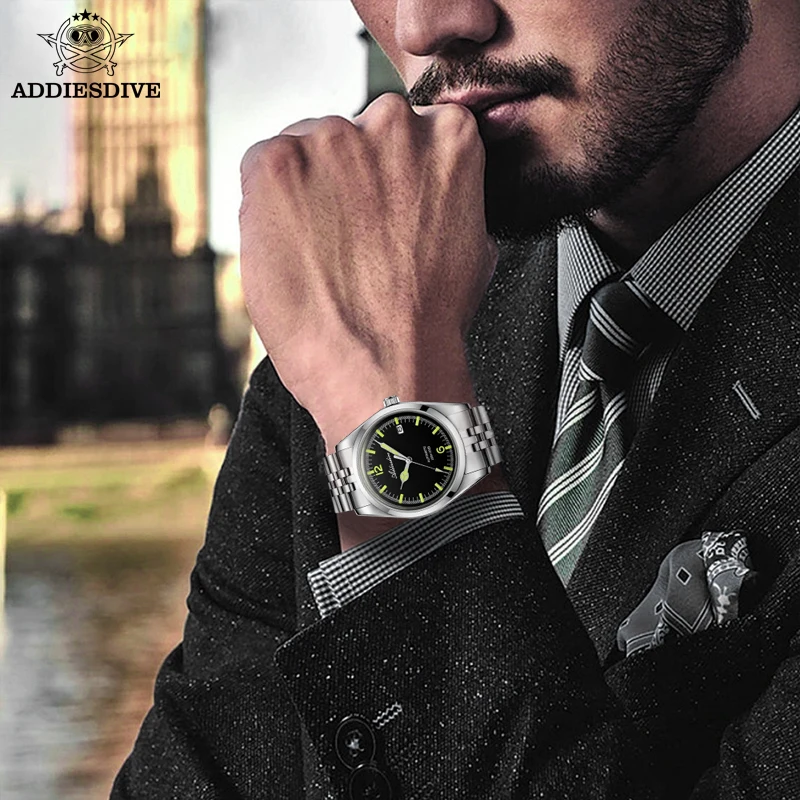 ADDIESDIVE Luxury Watch For Man Black Dial Stainless Steel Automatic Mechanical Watches Luminous 10Bar Waterproof Wristwatch