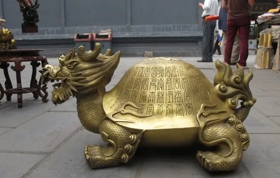 China Brass Longevity calligraphy Dragon Turtle tortoise Lucky Fengshui statues