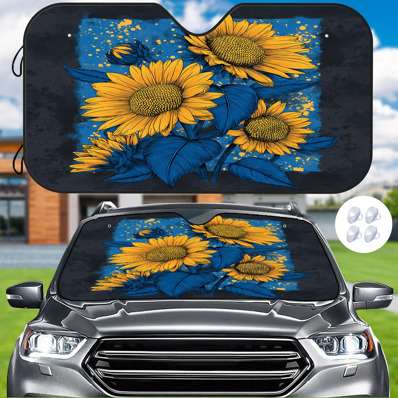 

Sunflower-patterned Sunshade, Blue And Yellow Color Scheme, Heat-resistant And UV-blocking, Includes 4 Suction Cups For A Vibran