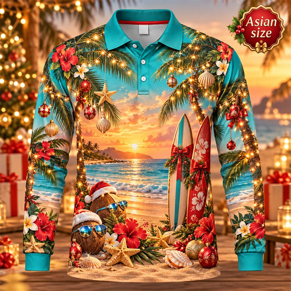 Red Cardinal Christmas Long Sleeve Polo Shirt Men 3D Snow Pine Holly Print Xmas Winter Holiday Party Casual Fashion Shirts
