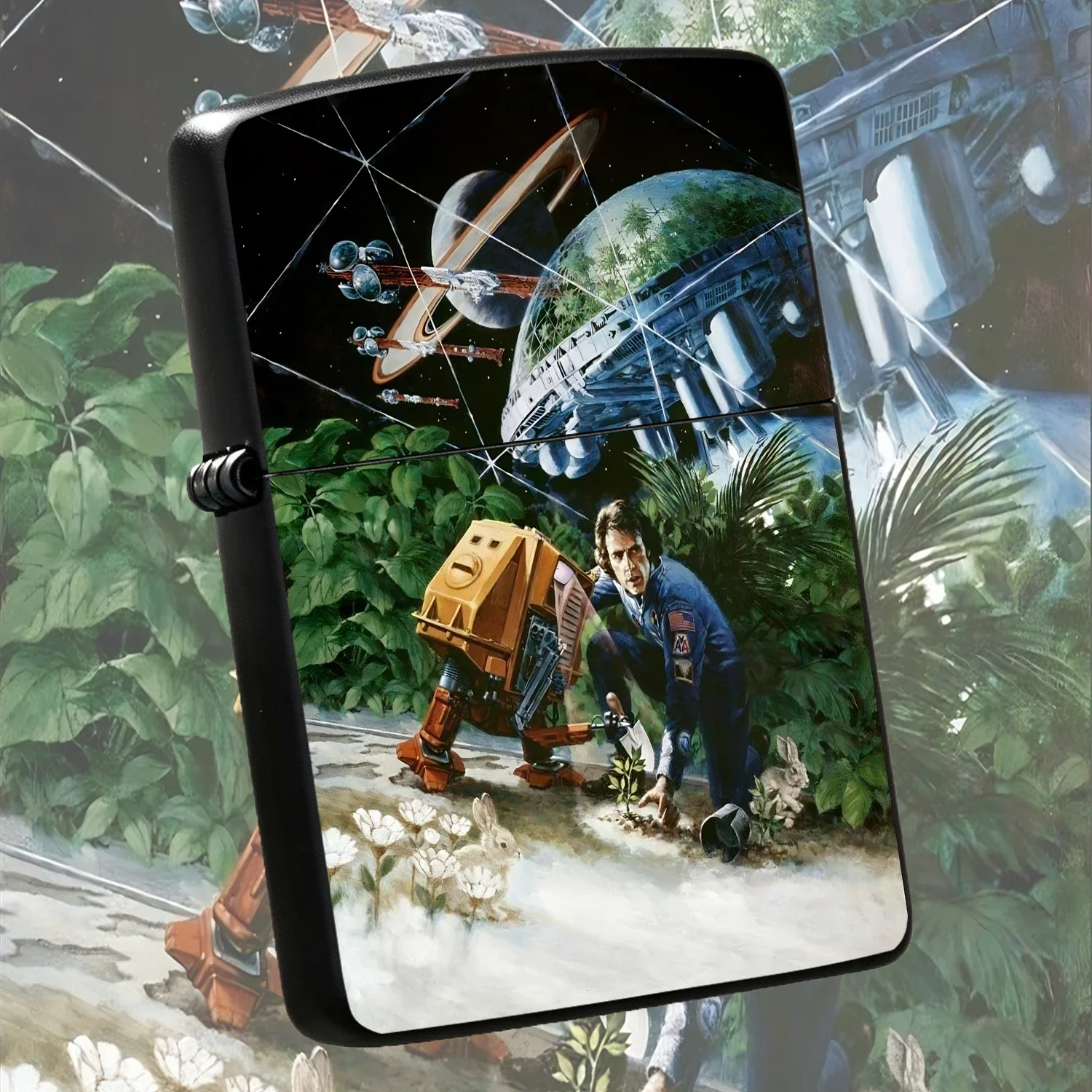 Retro Sci-Fi Themed Art Printed Lighter, Classic Space Illustration Of Deep Space Exploration Alien Planet Planting, Suitable For Daily Carrying, Outdoor Trips, Collection, Shows Unique Retro Futurism Aesthetic, Ideal Gift For Sci-Fi Enthus