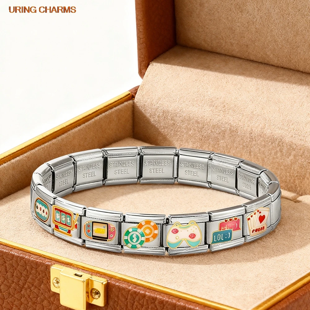 Y2K Trendy Charm Italian Link Fit 9mm Gold Colour Cartoon Toys Poker Games Console Bracelets Stainless Steel DIY Making Jewelry